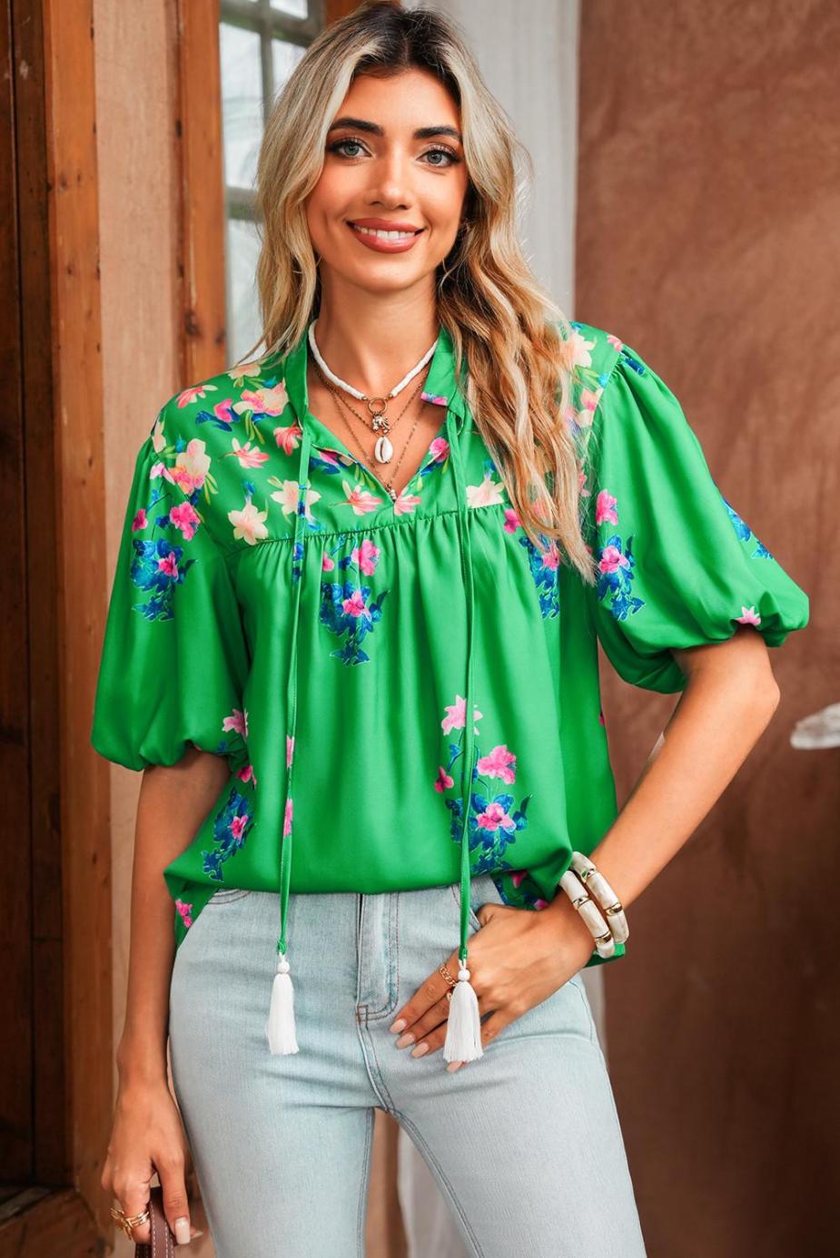 Blouses | Green Floral Detail Tie Split Neck Puff Sleeve Blouse - Women