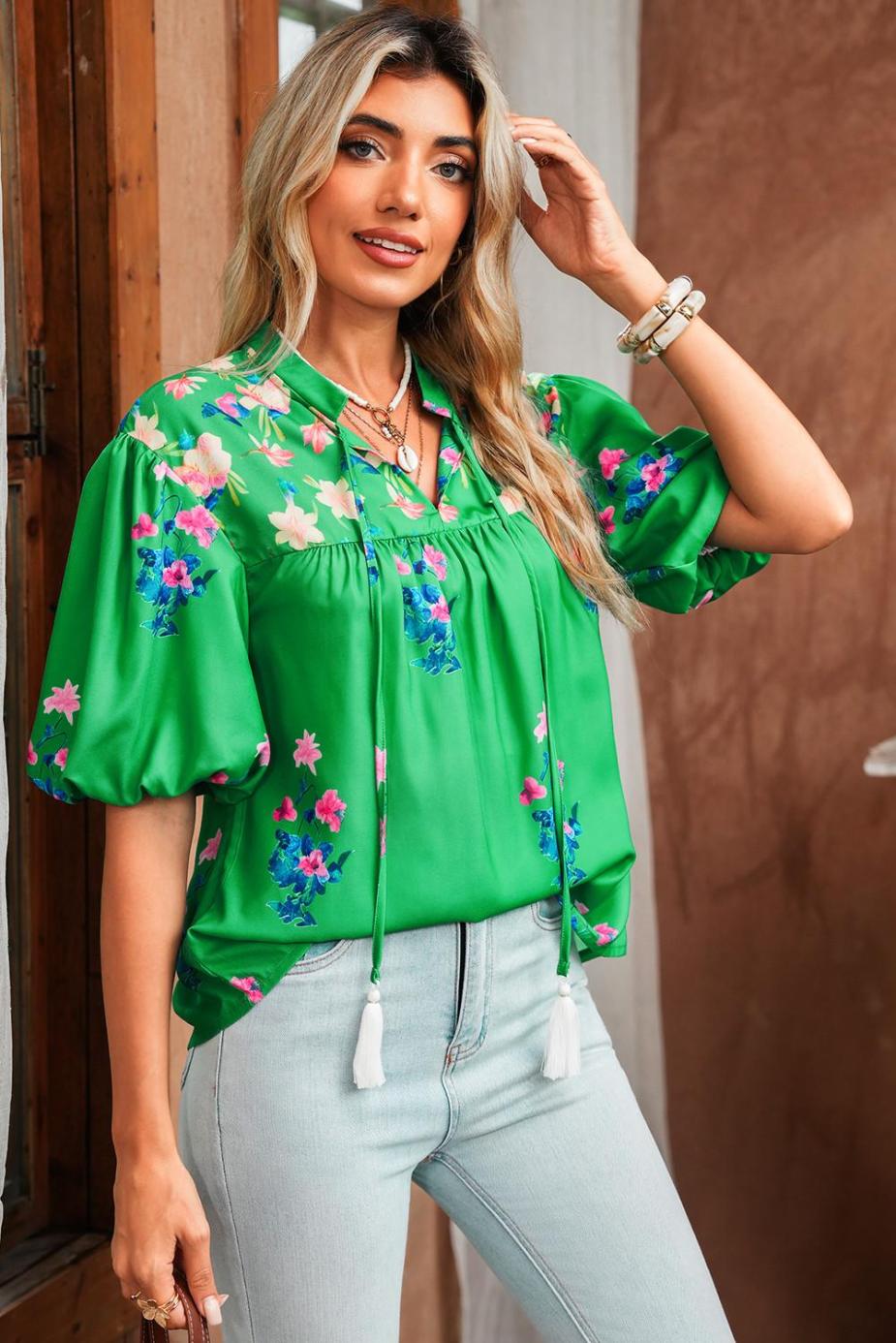 Blouses | Green Floral Detail Tie Split Neck Puff Sleeve Blouse - Women