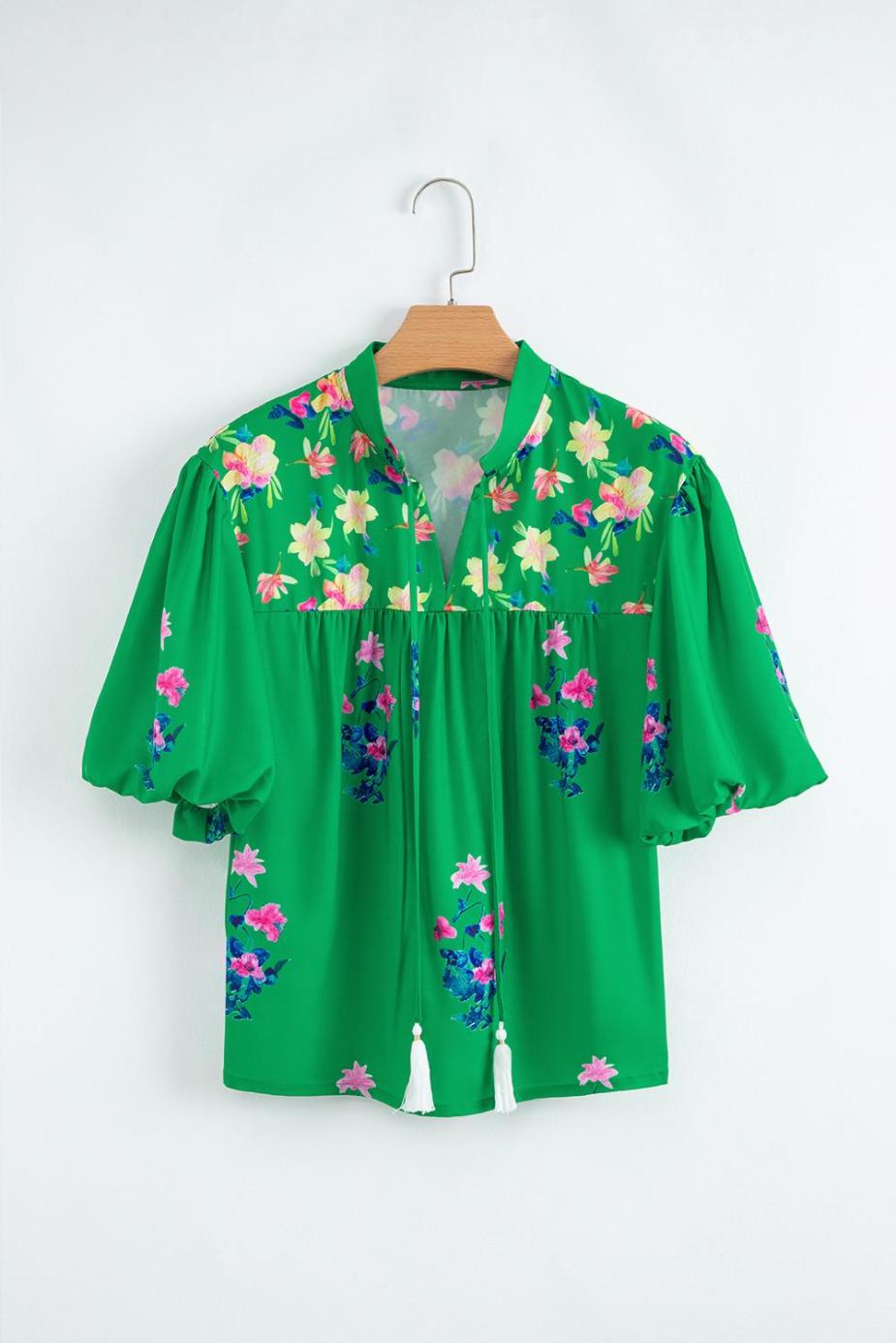 Blouses | Green Floral Detail Tie Split Neck Puff Sleeve Blouse - Women