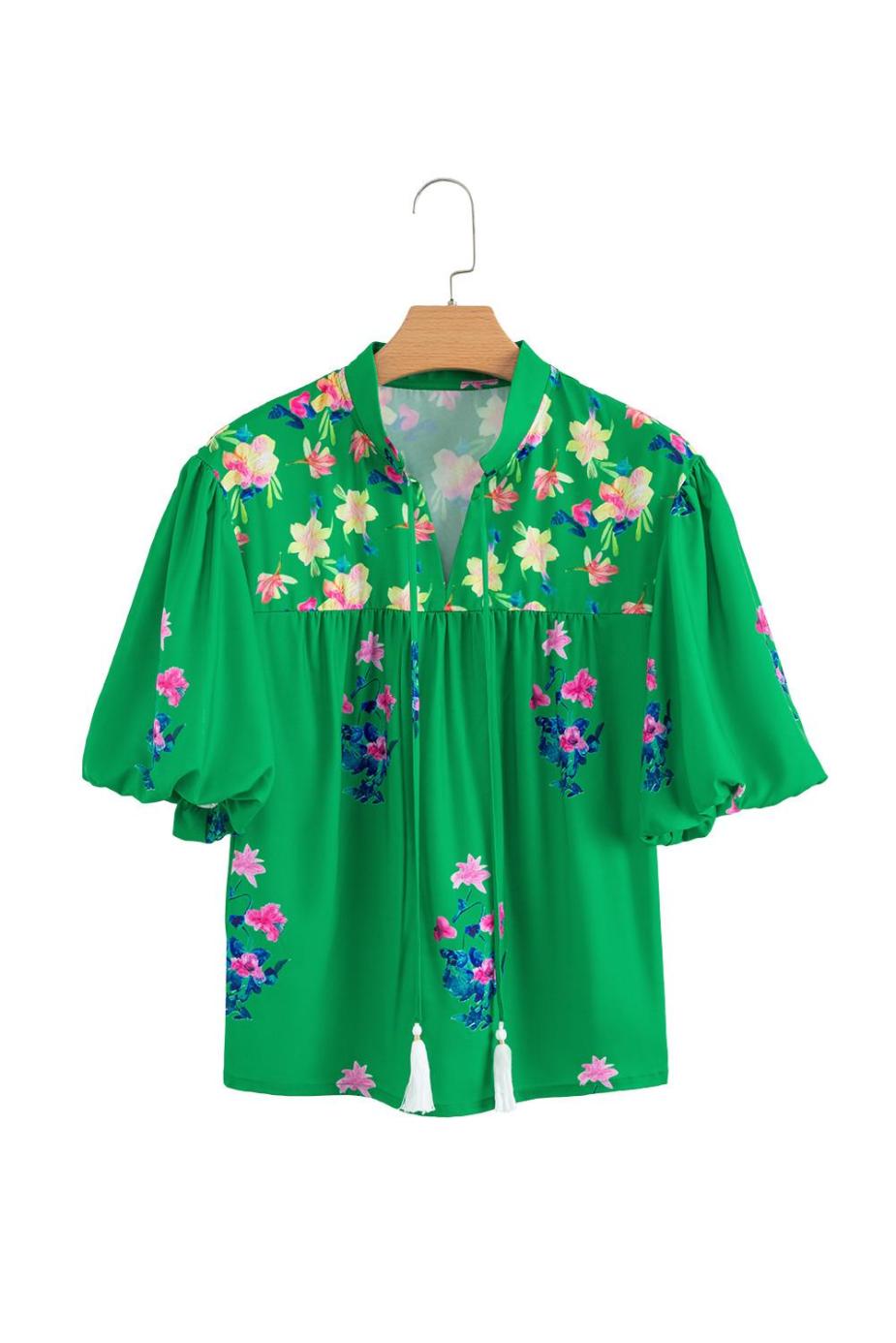 Blouses | Green Floral Detail Tie Split Neck Puff Sleeve Blouse - Women