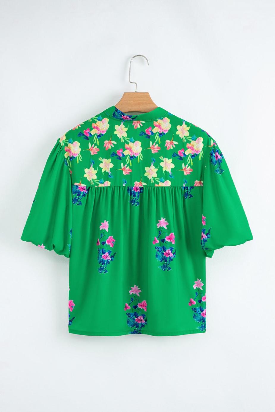 Blouses | Green Floral Detail Tie Split Neck Puff Sleeve Blouse - Women