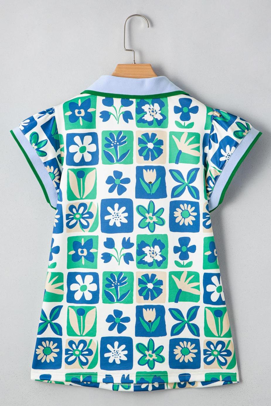 Blouses | Green Floral Plaid Colorblock Flutter Sleeve Blouse - Women