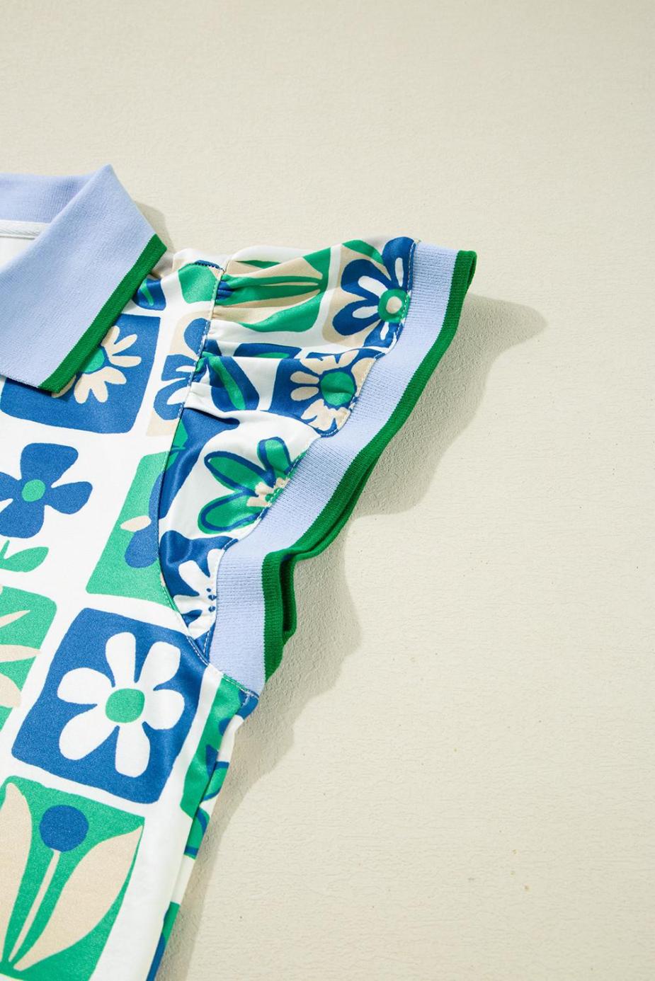 Blouses | Green Floral Plaid Colorblock Flutter Sleeve Blouse - Women