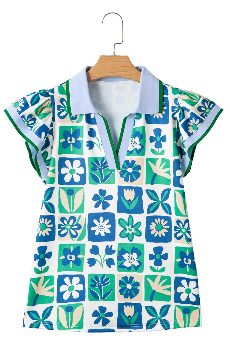 Blouses | Green Floral Plaid Colorblock Flutter Sleeve Blouse - Women