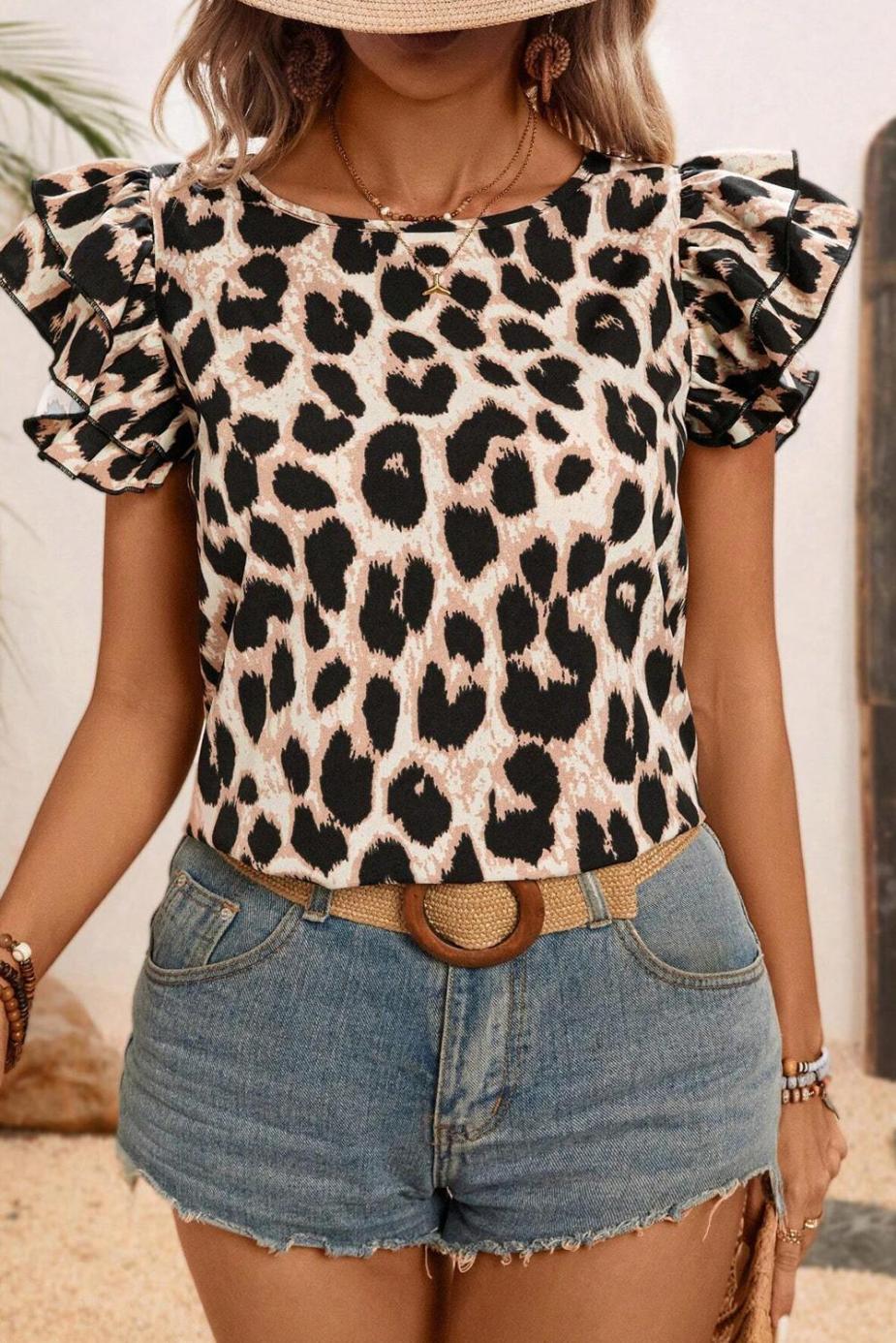 Blouses | Khaki Leopard Print Layered Ruffle Sleeve Blouse - Women