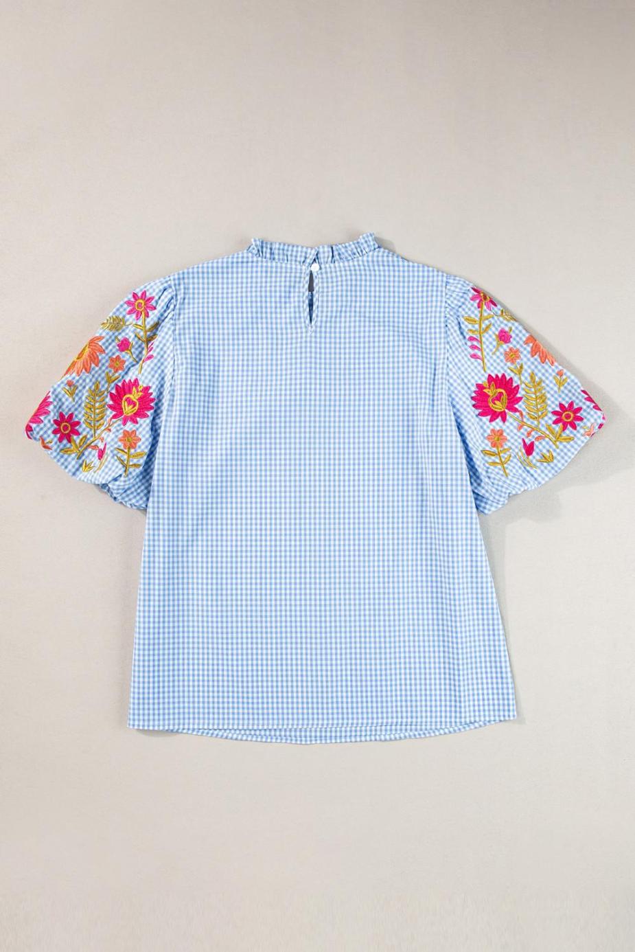 Blouses | Light Blue Flower Embroidered Puff Sleeve Gingham Blouse - Women