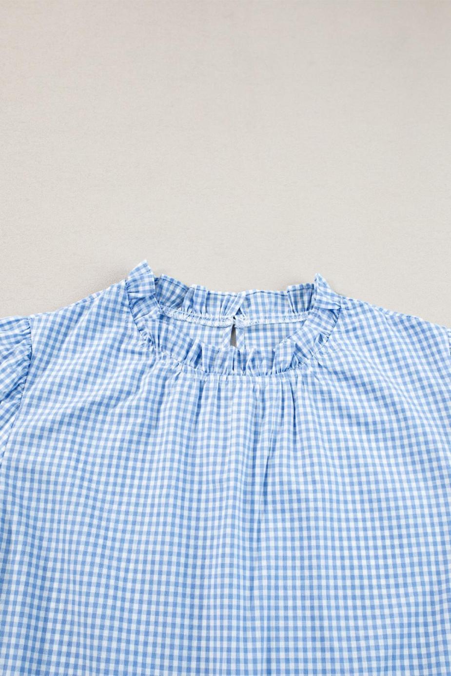 Blouses | Light Blue Flower Embroidered Puff Sleeve Gingham Blouse - Women