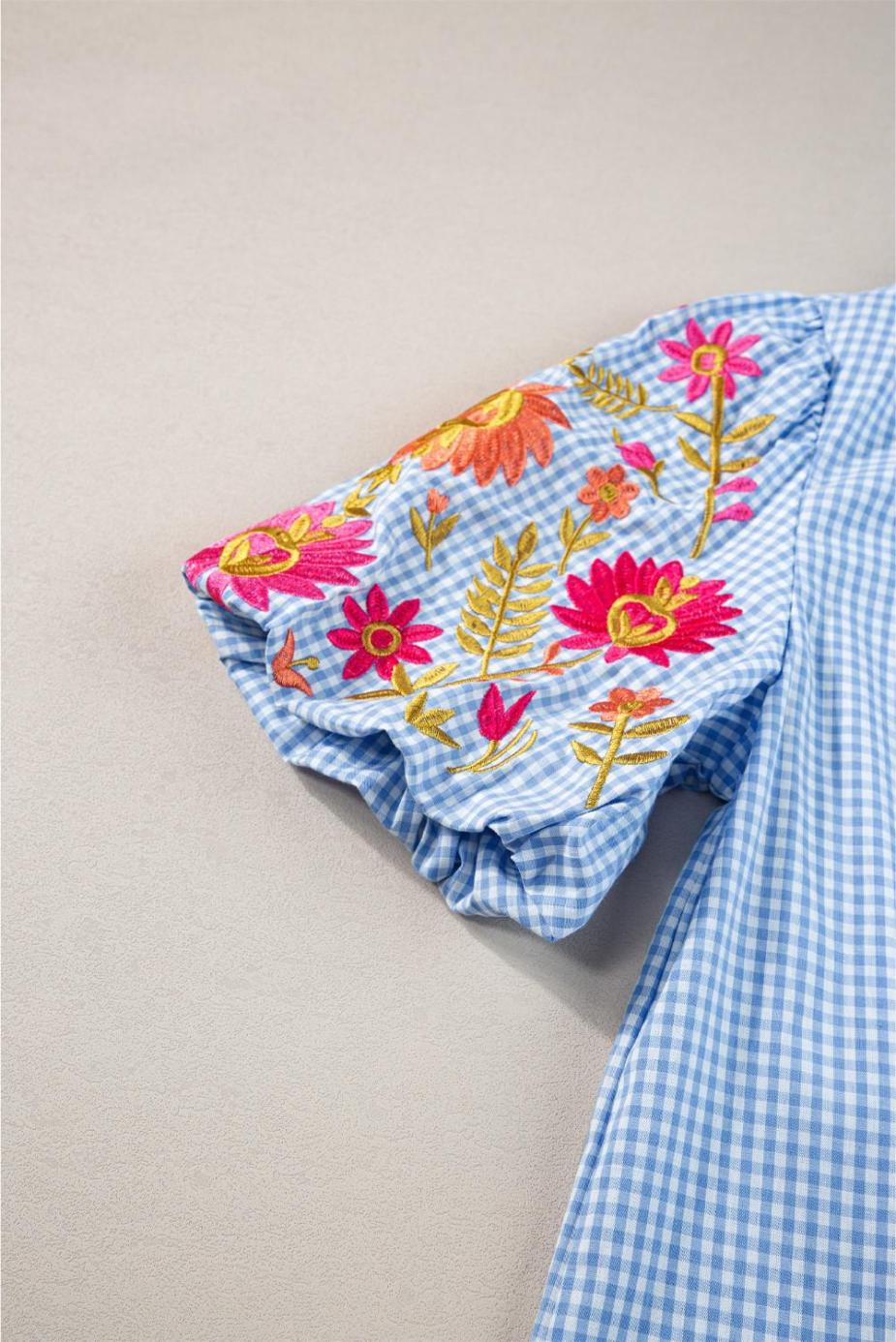 Blouses | Light Blue Flower Embroidered Puff Sleeve Gingham Blouse - Women