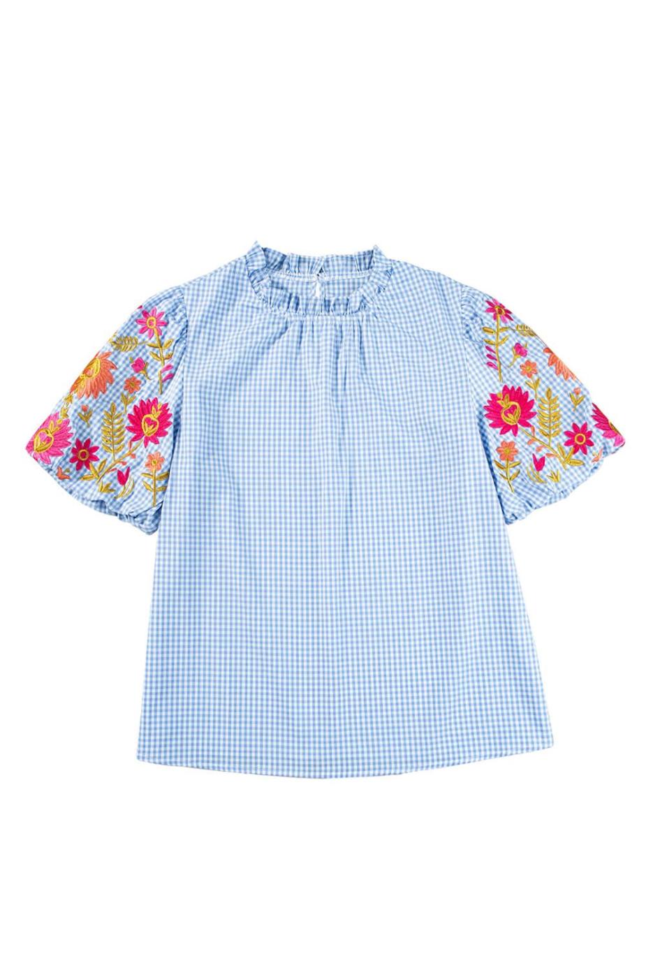Blouses | Light Blue Flower Embroidered Puff Sleeve Gingham Blouse - Women