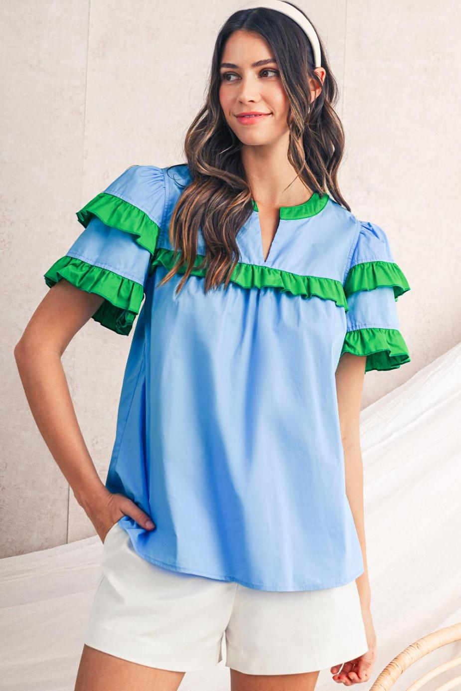 Blouses | Mist Blue Ruffle Trim V-Neck Puff Sleeve Blouse - Women