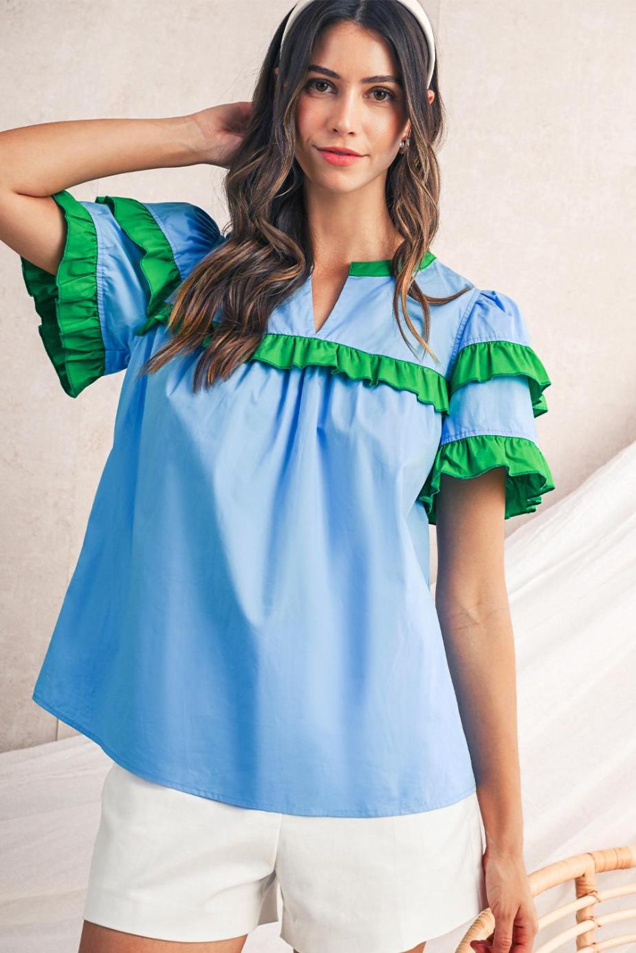 Blouses | Mist Blue Ruffle Trim V-Neck Puff Sleeve Blouse - Women
