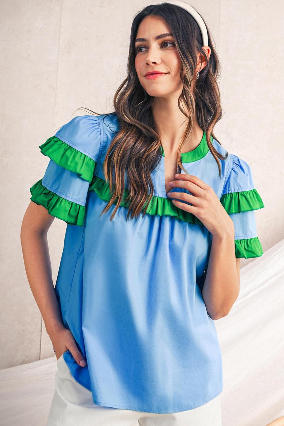 Blouses | Mist Blue Ruffle Trim V-Neck Puff Sleeve Blouse - Women