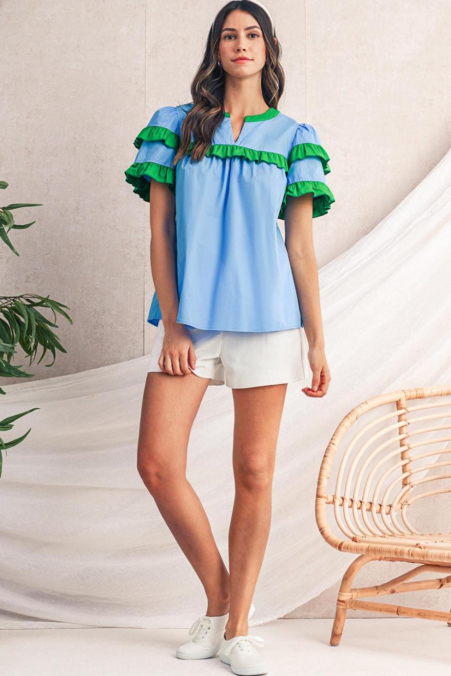 Blouses | Mist Blue Ruffle Trim V-Neck Puff Sleeve Blouse - Women