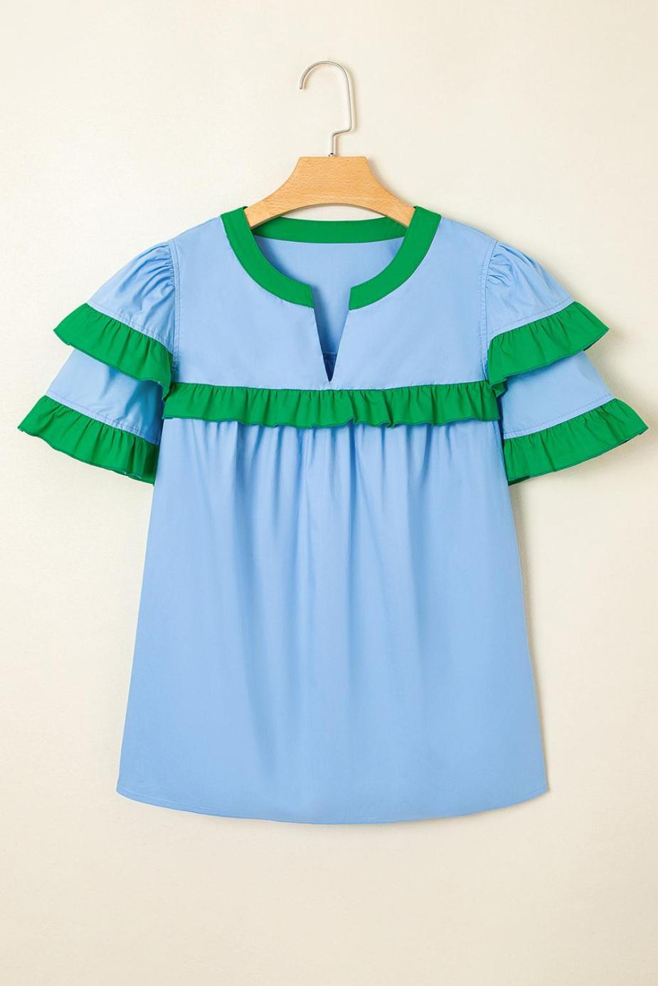 Blouses | Mist Blue Ruffle Trim V-Neck Puff Sleeve Blouse - Women