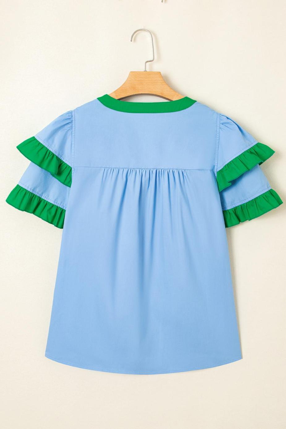 Blouses | Mist Blue Ruffle Trim V-Neck Puff Sleeve Blouse - Women