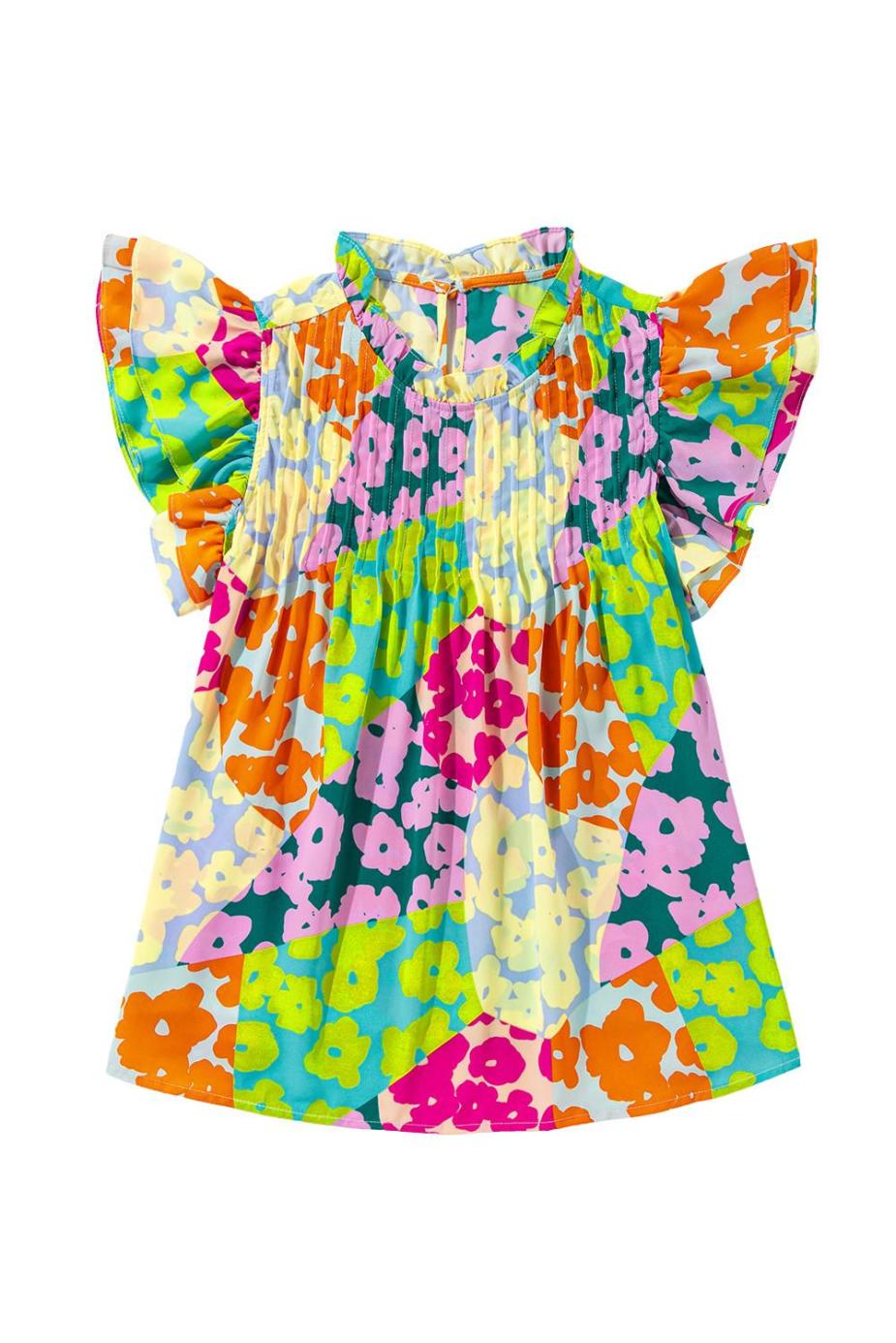 Blouses | Multicolor Abstract Print Layered Ruffle Sleeve Pleated Blouse - Women