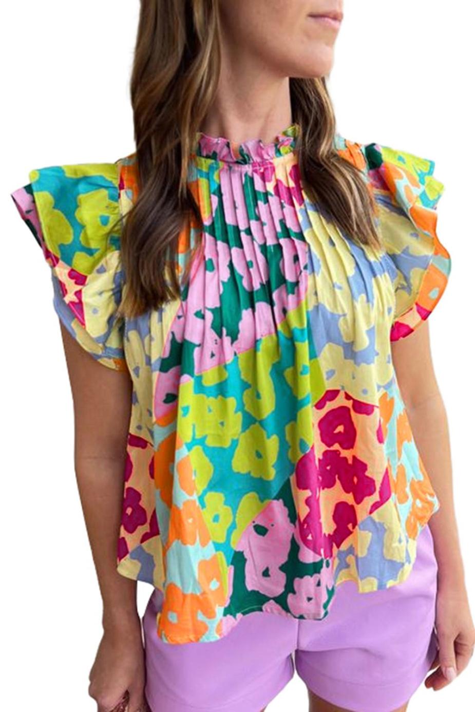 Blouses | Multicolor Abstract Print Layered Ruffle Sleeve Pleated Blouse - Women