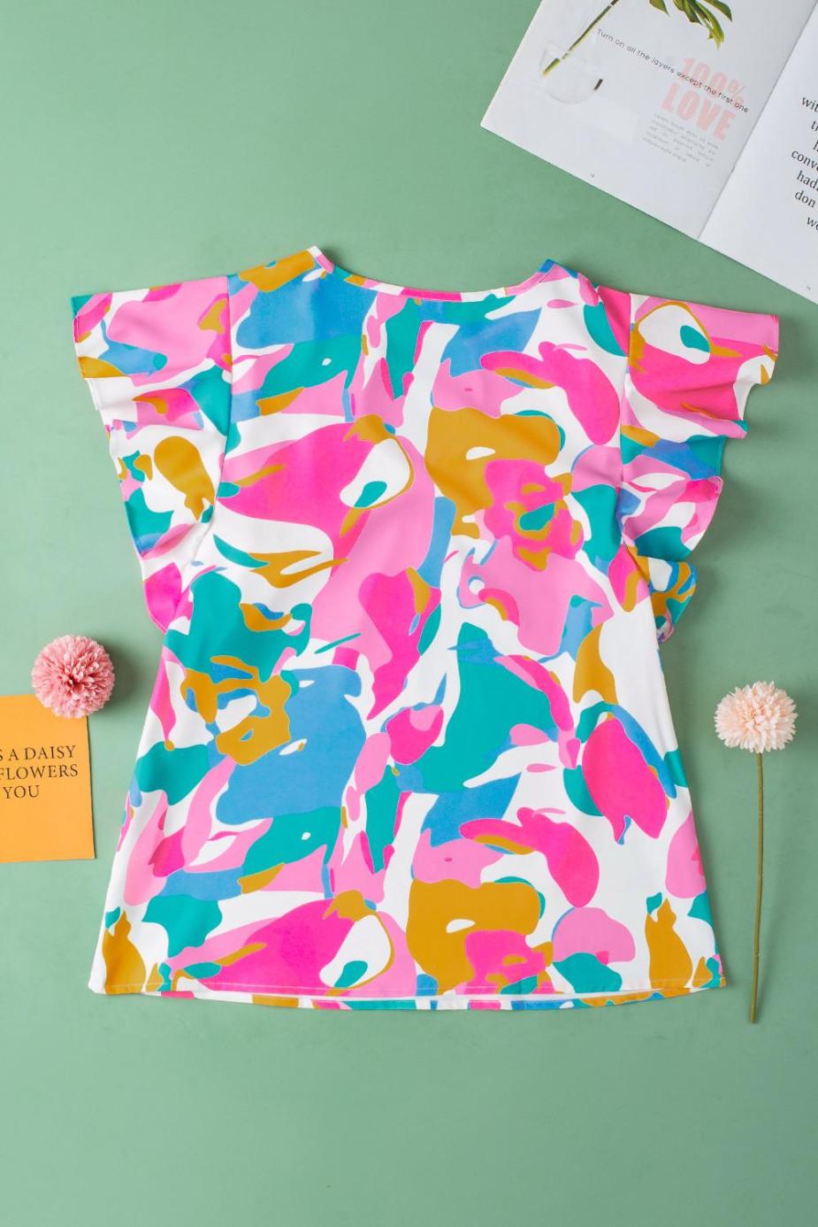 Blouses | Multicolour Abstract Print Smocked Notched Neck Ruffle Blouse - Women