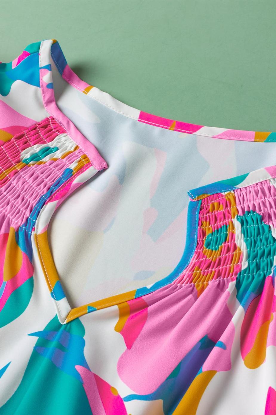 Blouses | Multicolour Abstract Print Smocked Notched Neck Ruffle Blouse - Women