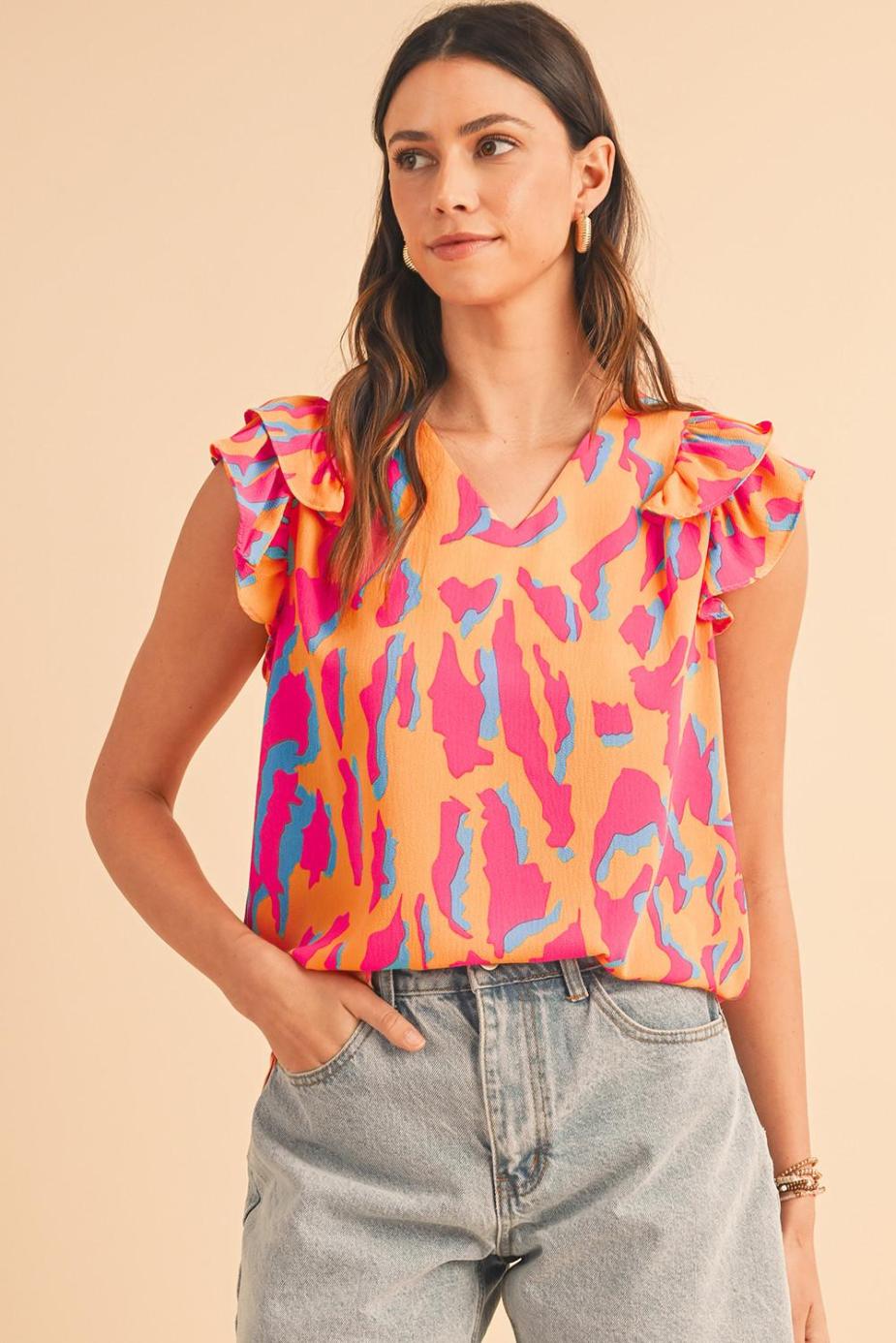 Blouses | Orange Abstract Print V Neck Ruffled Sleeve Blouse - Women