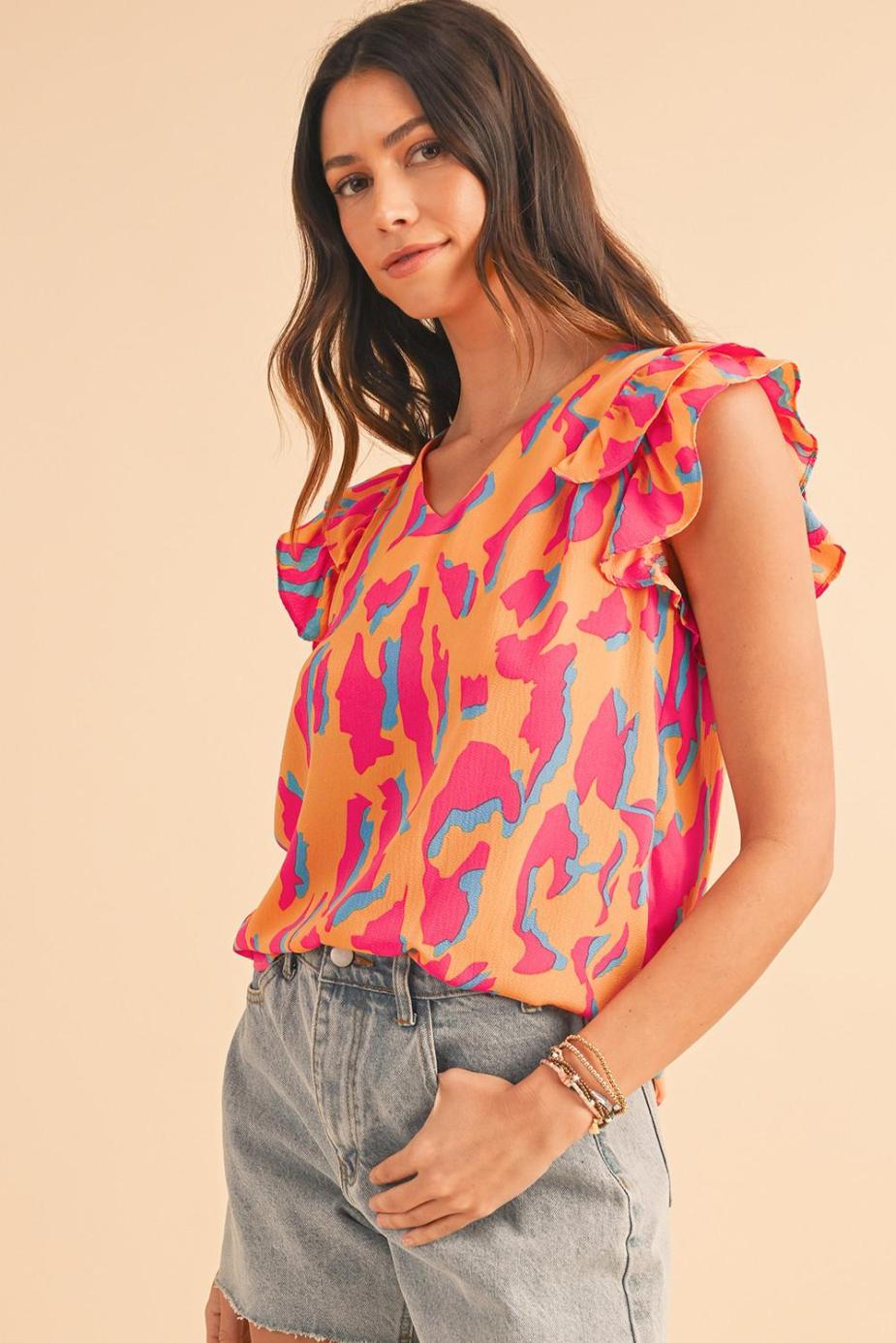 Blouses | Orange Abstract Print V Neck Ruffled Sleeve Blouse - Women