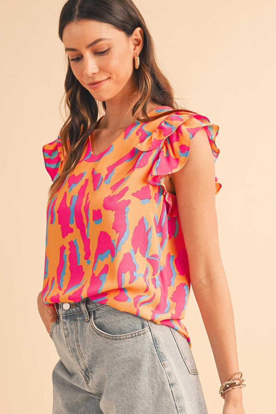 Blouses | Orange Abstract Print V Neck Ruffled Sleeve Blouse - Women