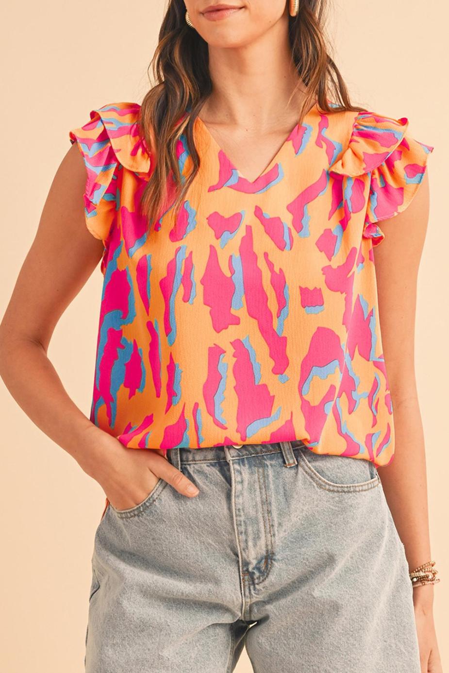Blouses | Orange Abstract Print V Neck Ruffled Sleeve Blouse - Women