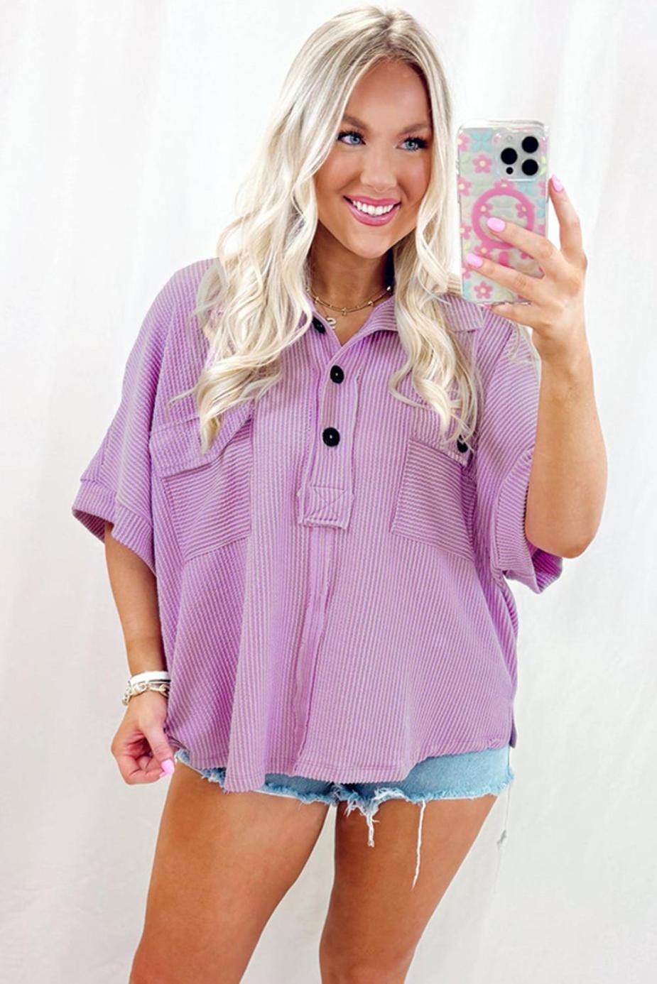 Blouses | Orchid Bouquet Corded Flap Pocket Collared Buttoned Blouse - Women