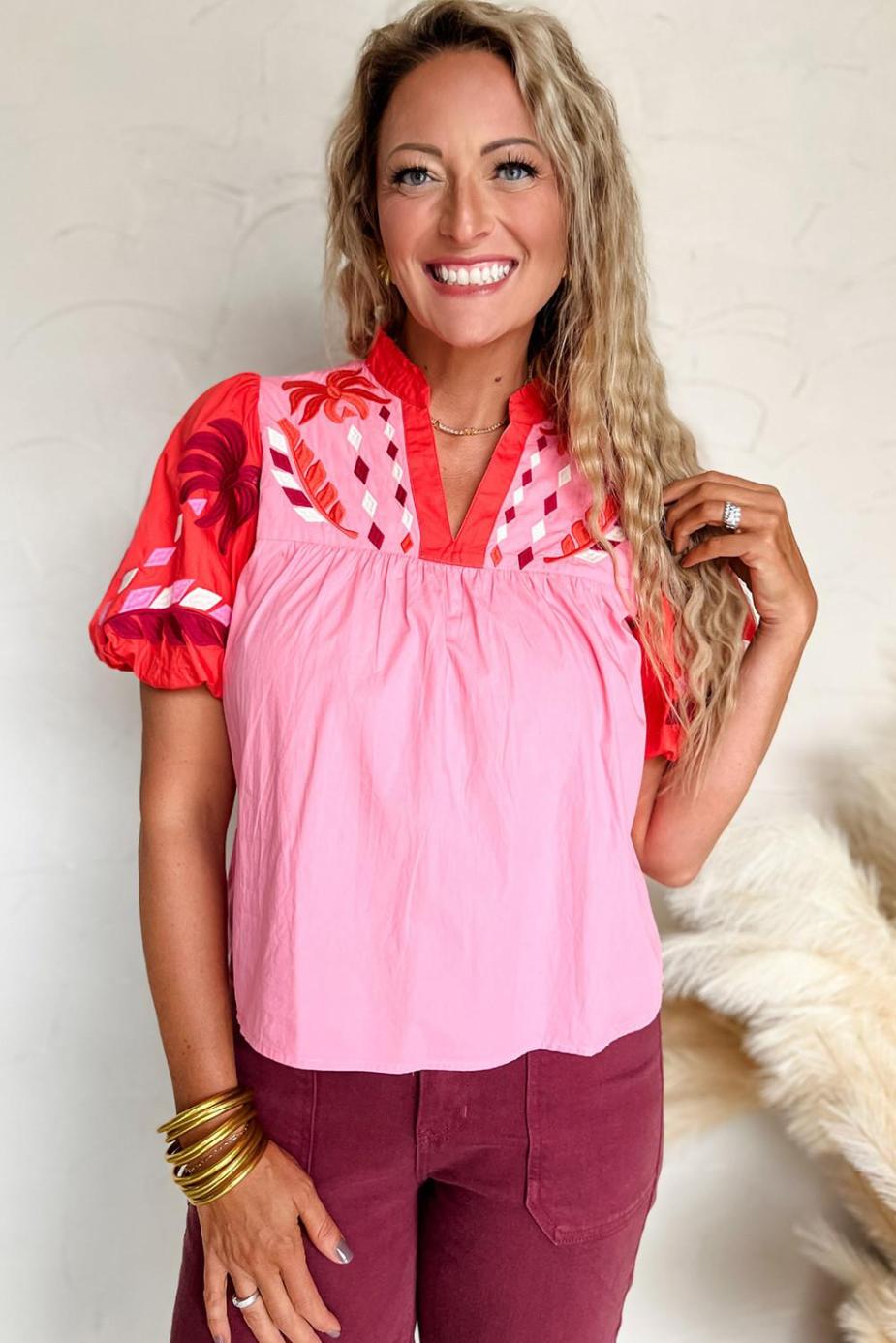 Blouses | Pink Floral Embroidered Puff Sleeve Babydoll Pop Of Color Neckline Blouse - Women