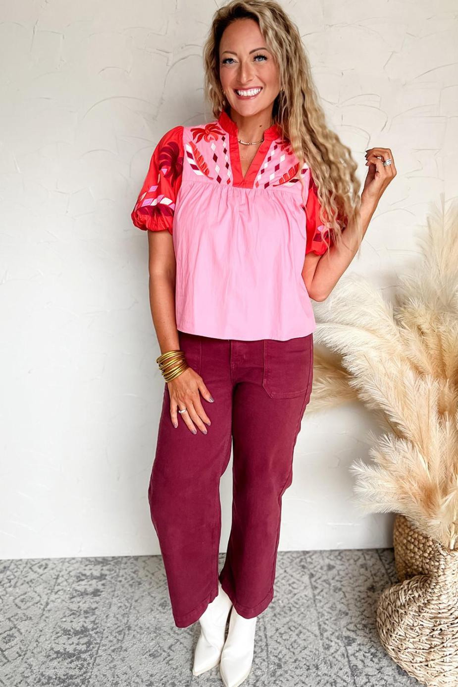 Blouses | Pink Floral Embroidered Puff Sleeve Babydoll Pop Of Color Neckline Blouse - Women