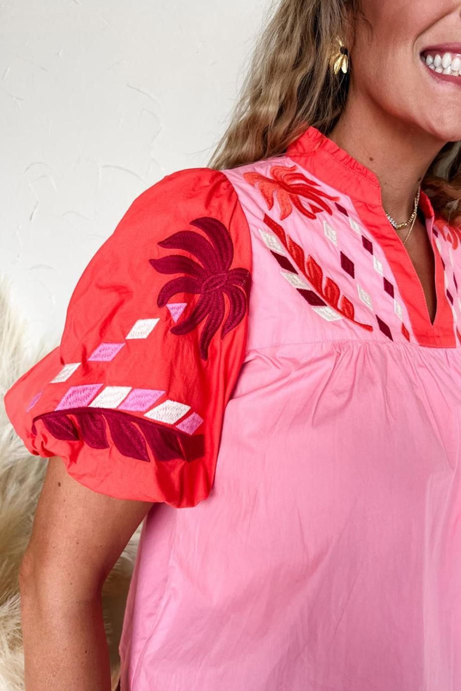 Blouses | Pink Floral Embroidered Puff Sleeve Babydoll Pop Of Color Neckline Blouse - Women