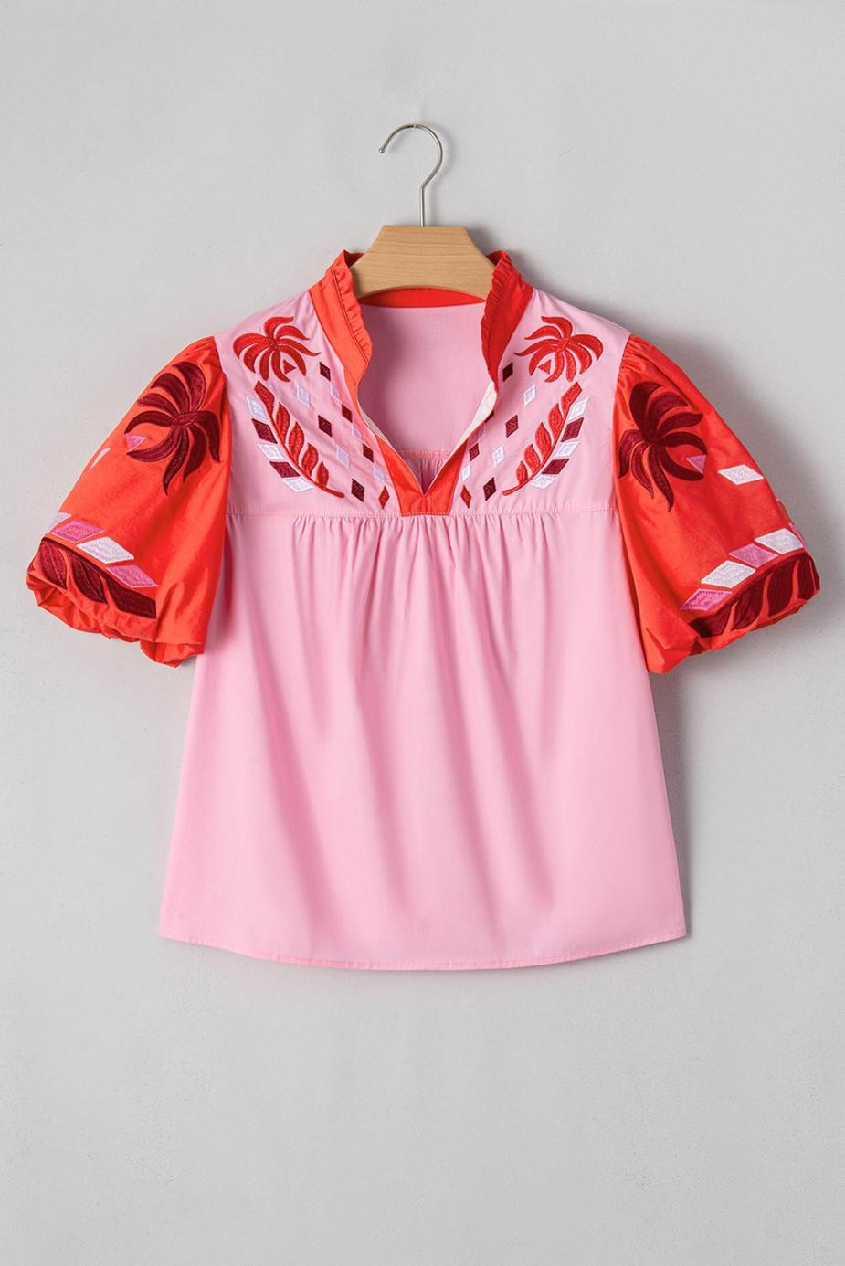 Blouses | Pink Floral Embroidered Puff Sleeve Babydoll Pop Of Color Neckline Blouse - Women