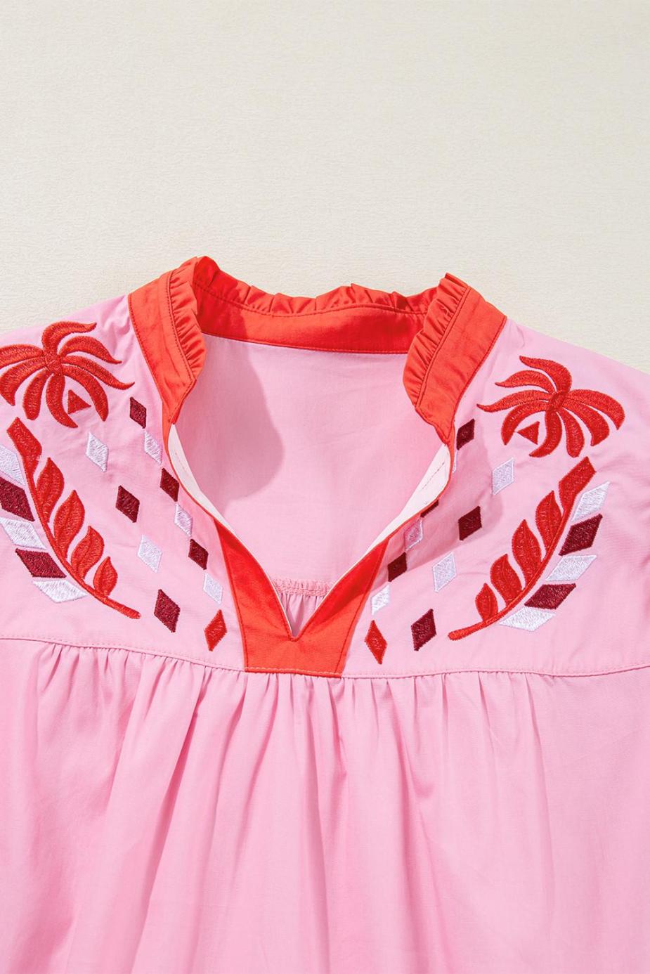 Blouses | Pink Floral Embroidered Puff Sleeve Babydoll Pop Of Color Neckline Blouse - Women