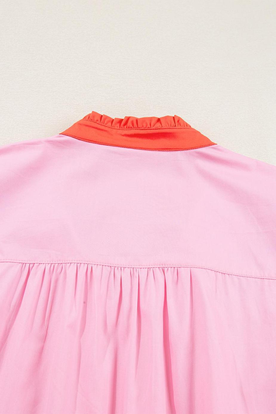 Blouses | Pink Floral Embroidered Puff Sleeve Babydoll Pop Of Color Neckline Blouse - Women