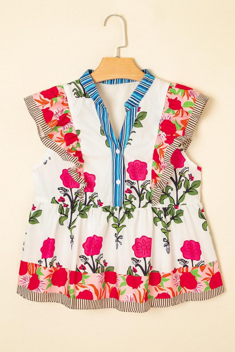 Blouses | Pink Floral Print Striped Patchwork Flutter Sleeve Blouse - Women