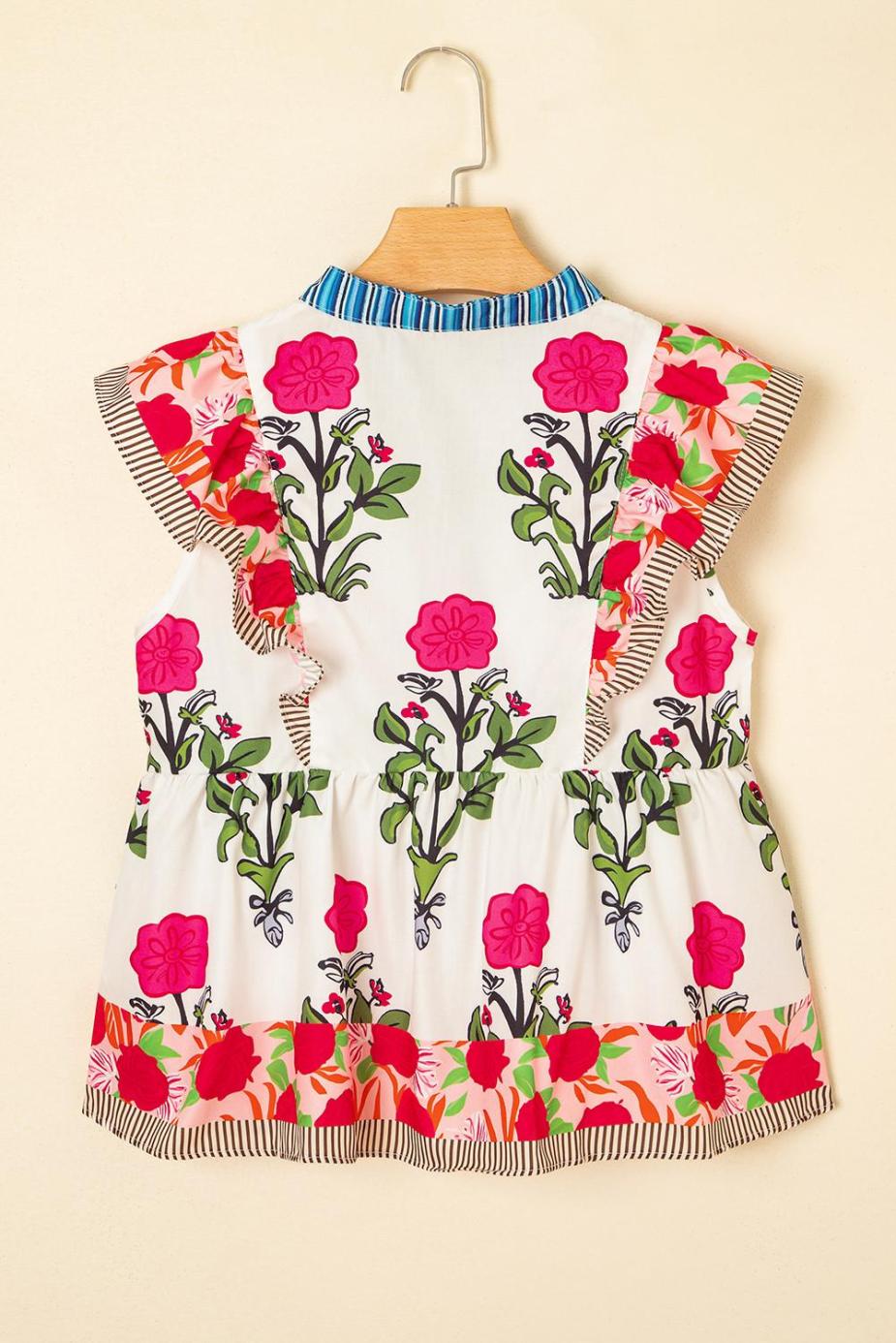 Blouses | Pink Floral Print Striped Patchwork Flutter Sleeve Blouse - Women