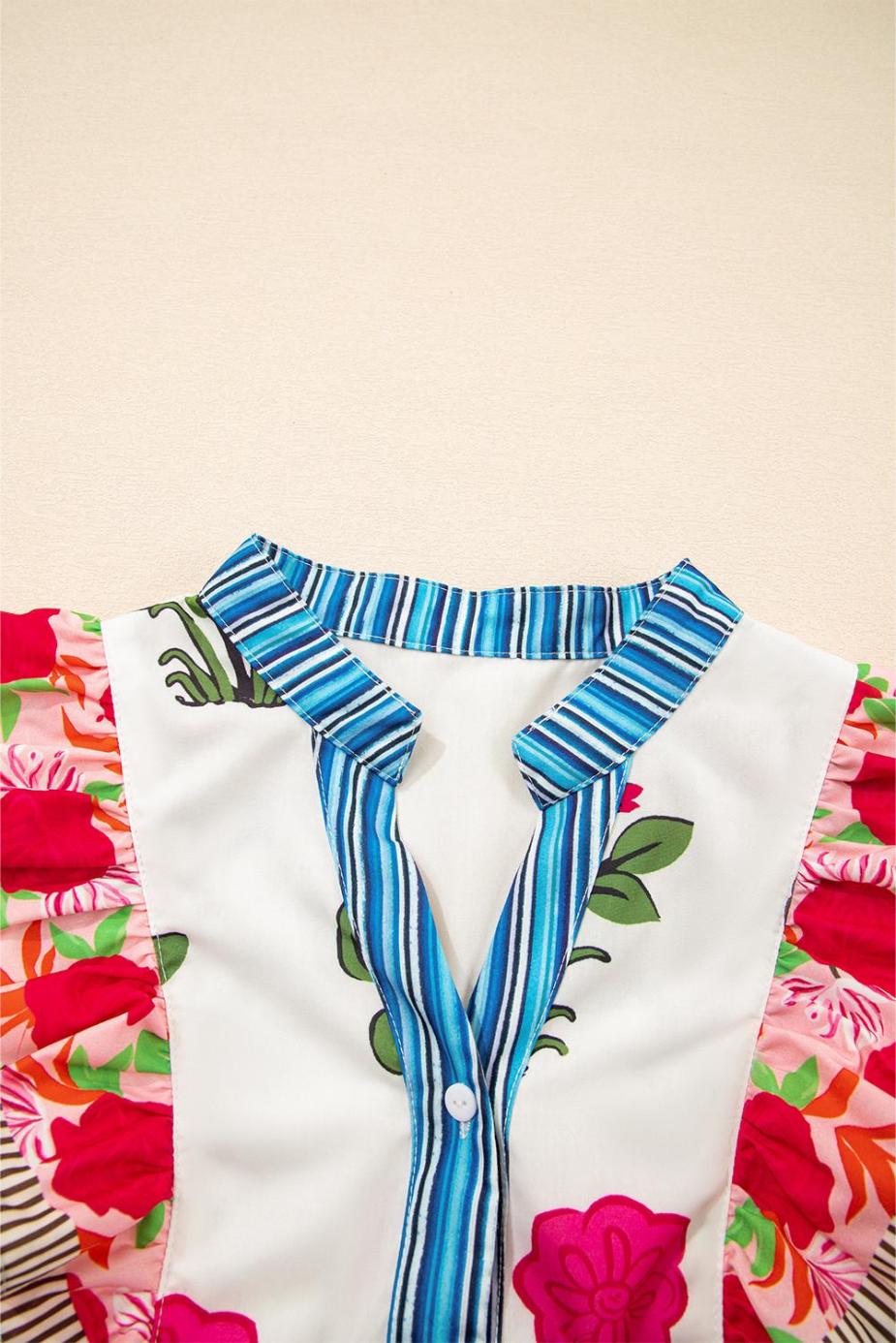 Blouses | Pink Floral Print Striped Patchwork Flutter Sleeve Blouse - Women