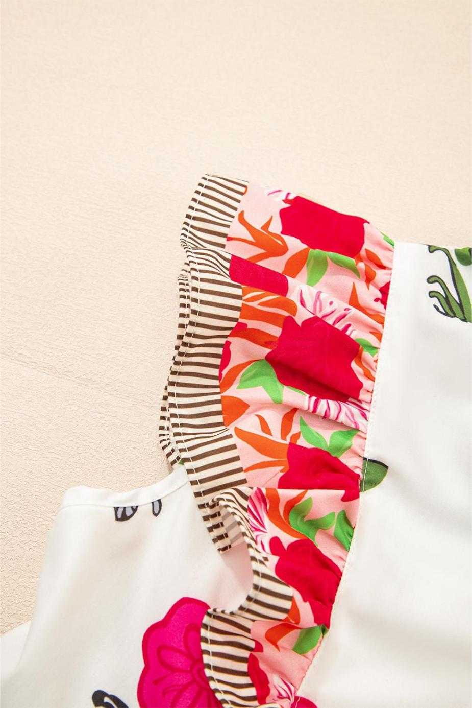 Blouses | Pink Floral Print Striped Patchwork Flutter Sleeve Blouse - Women