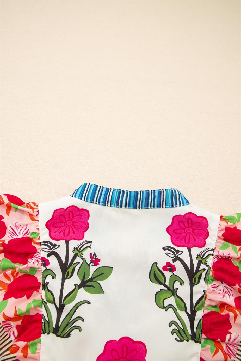 Blouses | Pink Floral Print Striped Patchwork Flutter Sleeve Blouse - Women