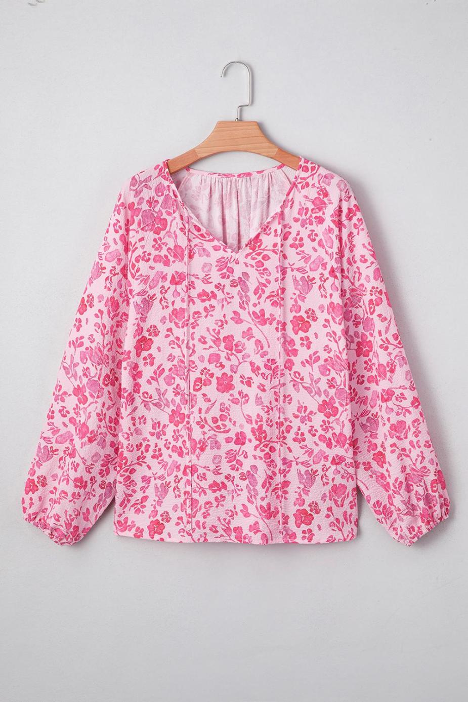 Blouses | Pink Floral Puff Sleeve Split Neck Blouse - Women