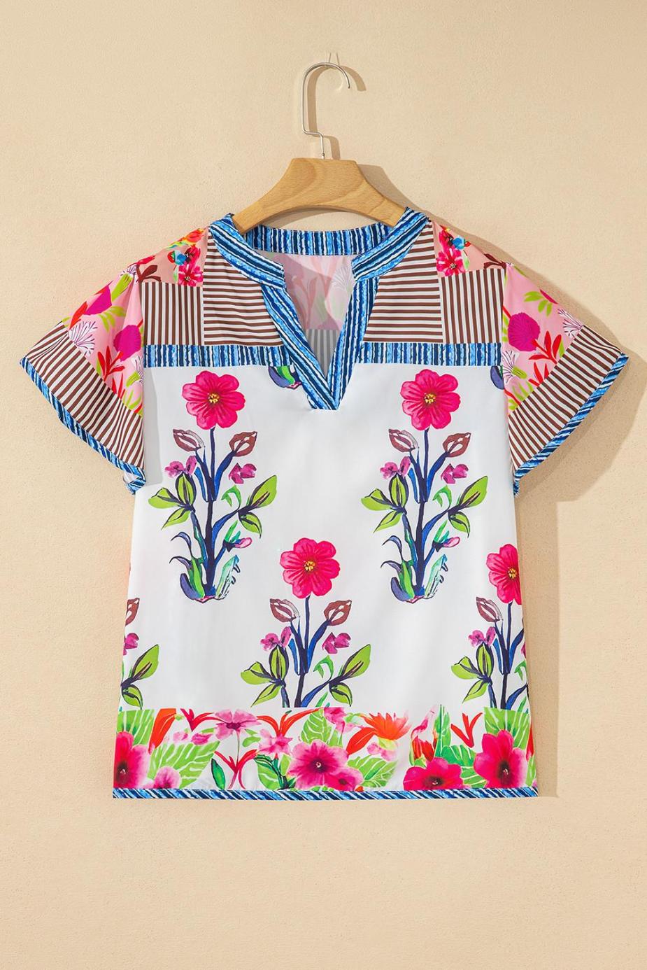 Blouses | Pink Floral Striped Patchwork Short Sleeve Split Neck Blouse - Women