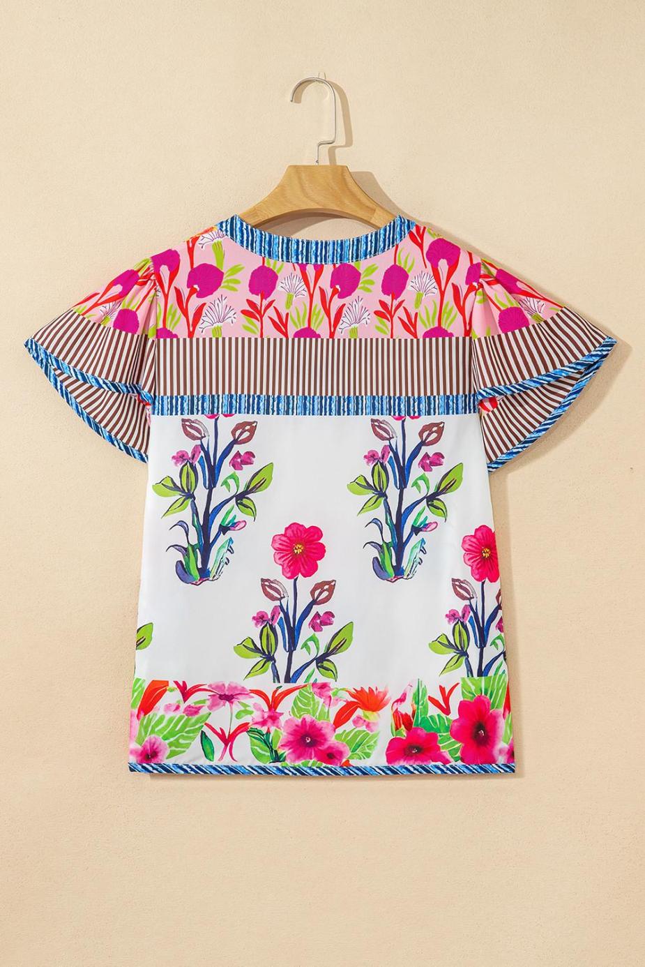 Blouses | Pink Floral Striped Patchwork Short Sleeve Split Neck Blouse - Women