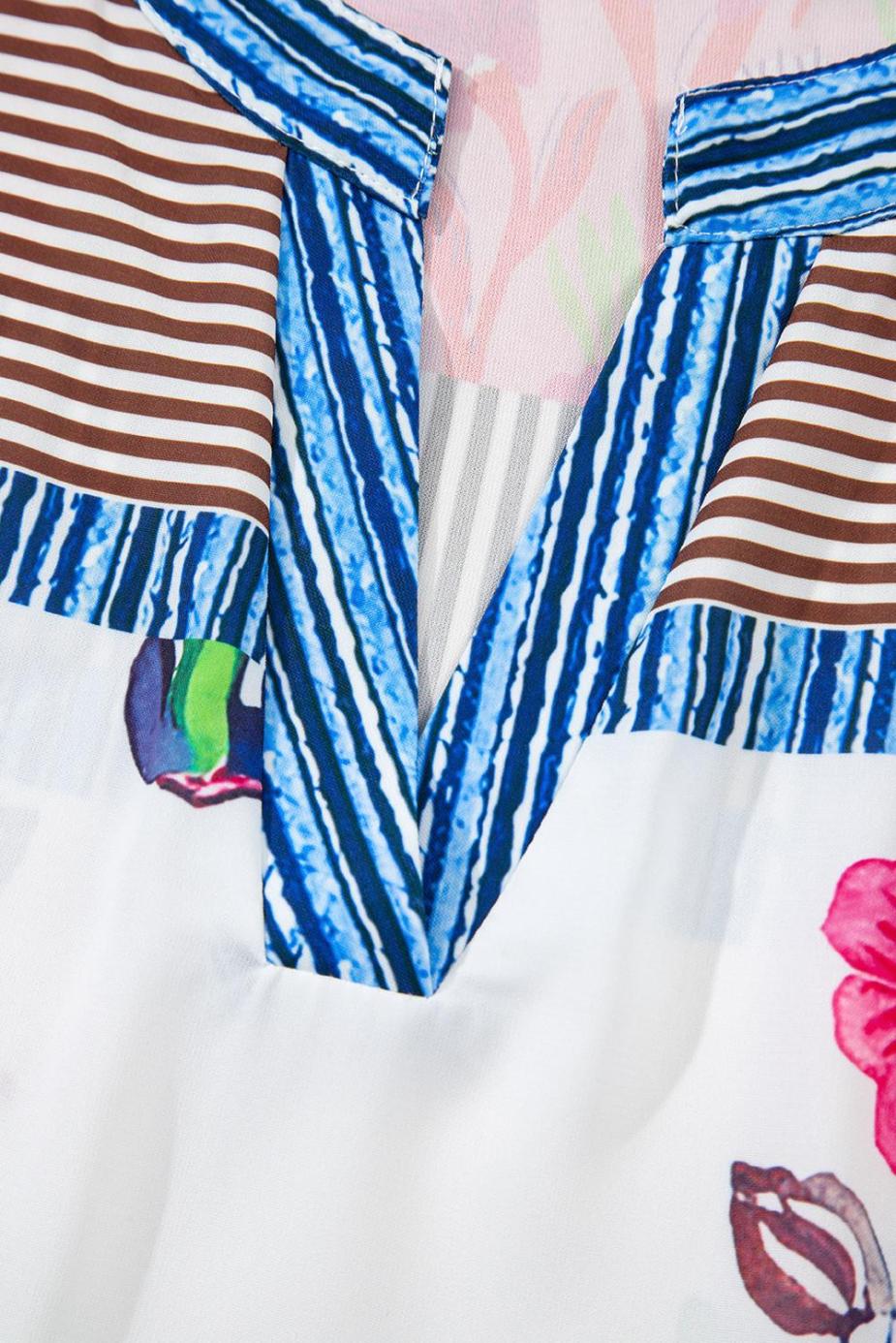 Blouses | Pink Floral Striped Patchwork Short Sleeve Split Neck Blouse - Women