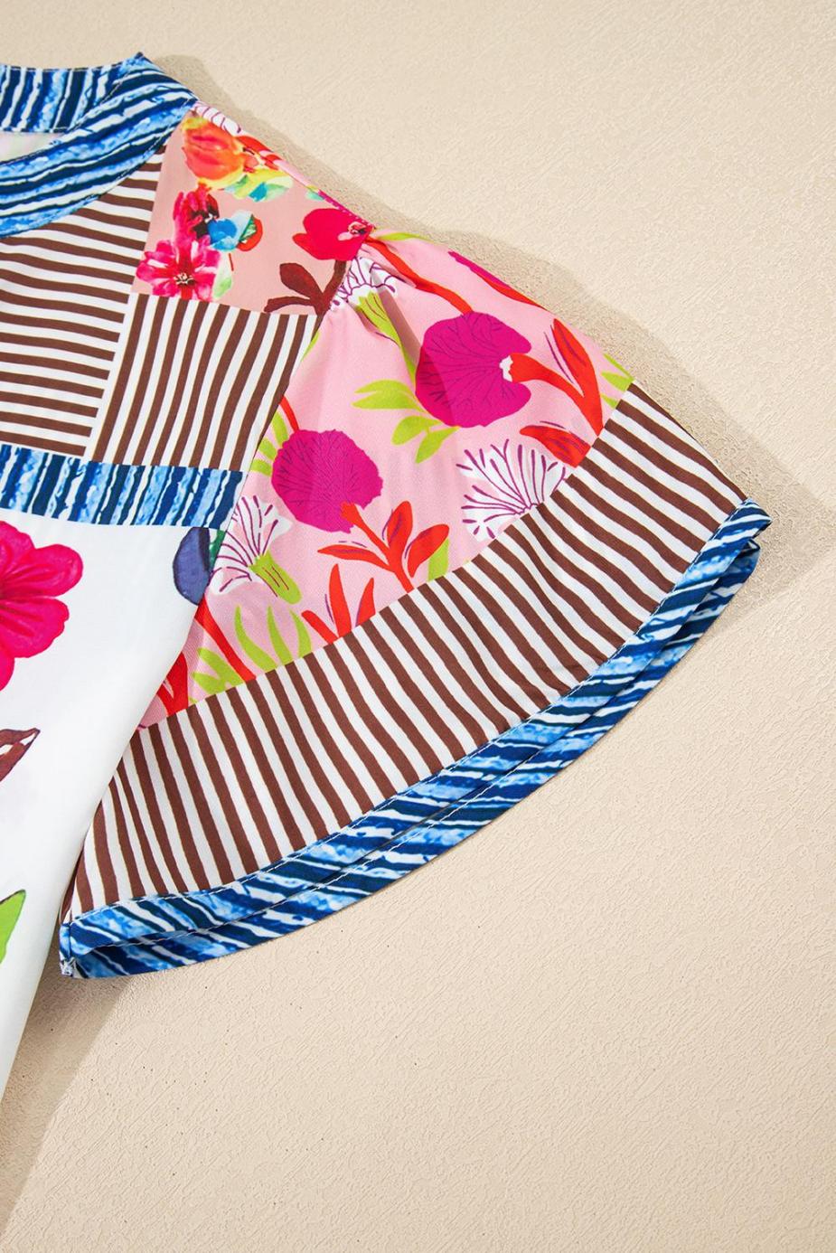 Blouses | Pink Floral Striped Patchwork Short Sleeve Split Neck Blouse - Women