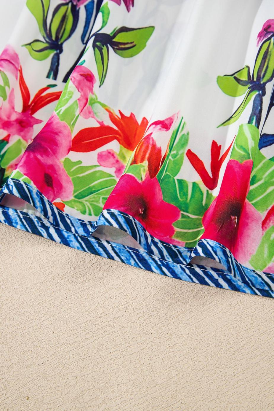 Blouses | Pink Floral Striped Patchwork Short Sleeve Split Neck Blouse - Women