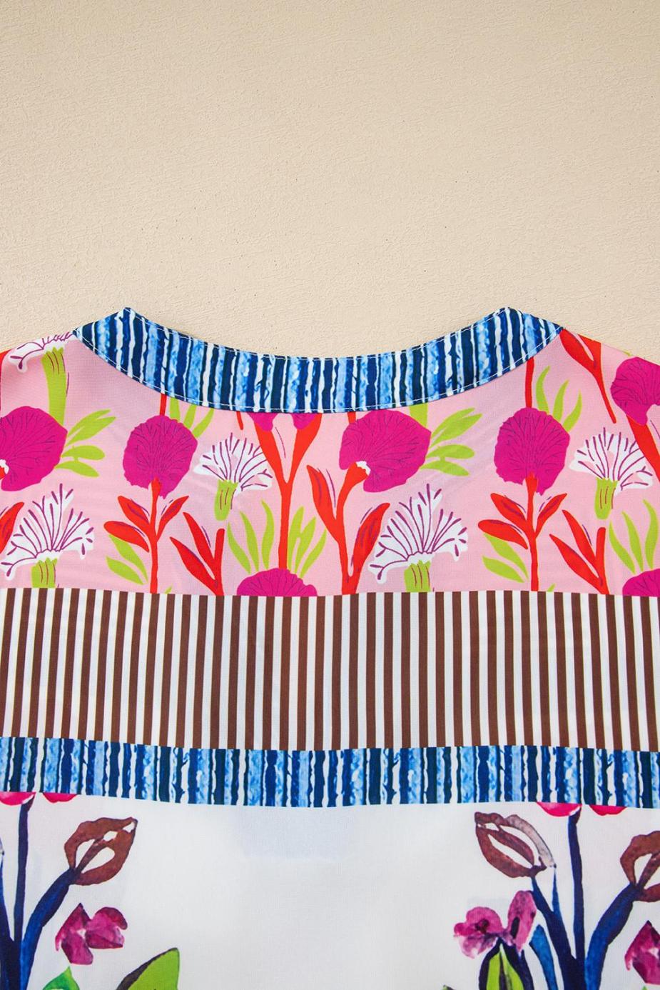 Blouses | Pink Floral Striped Patchwork Short Sleeve Split Neck Blouse - Women