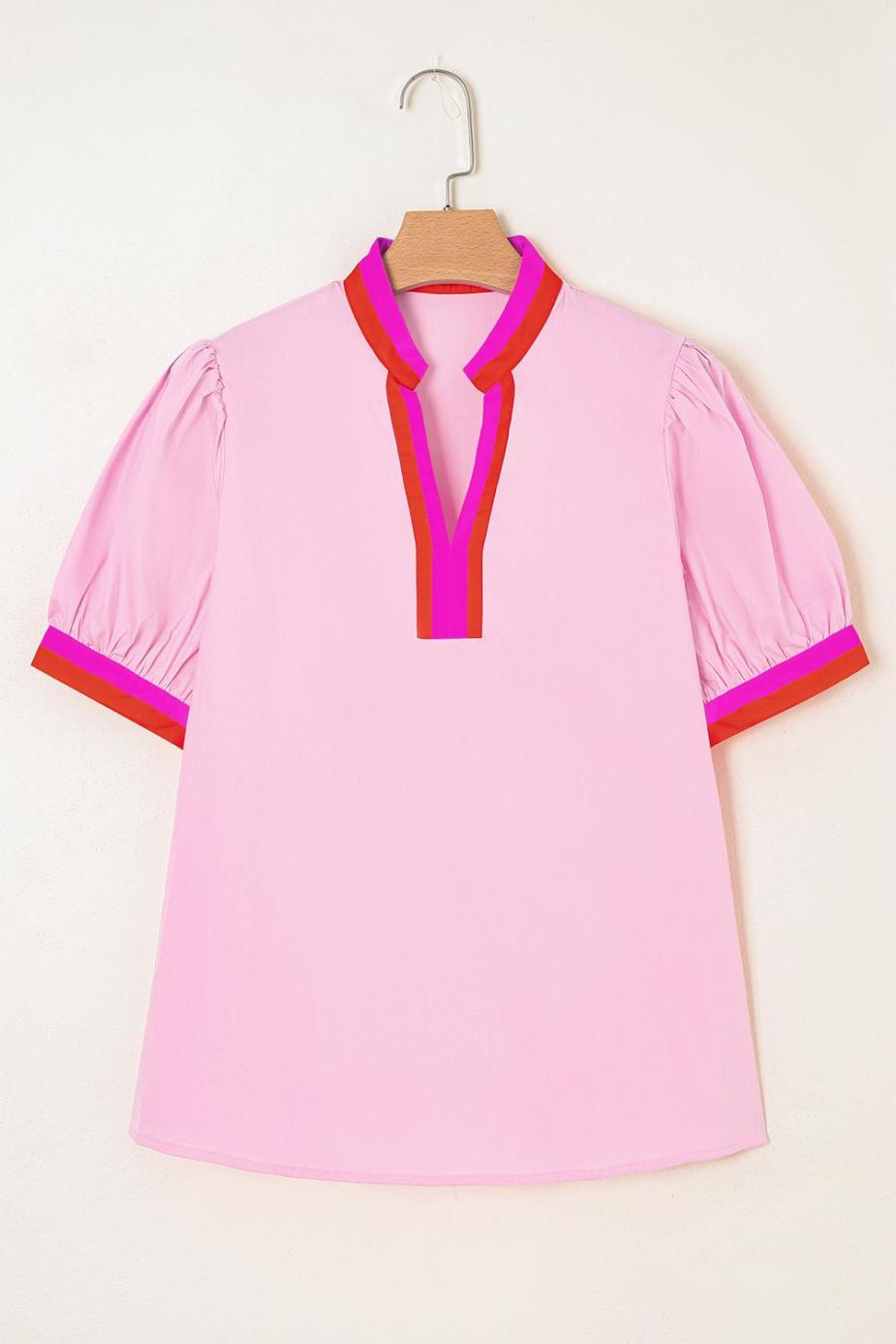 Blouses | Pink Puff Sleeve Pop Of Color Neckline Blouse - Women