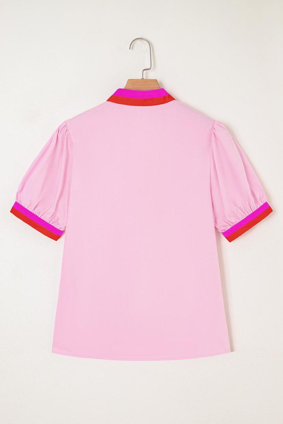 Blouses | Pink Puff Sleeve Pop Of Color Neckline Blouse - Women