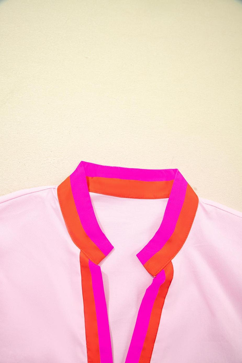 Blouses | Pink Puff Sleeve Pop Of Color Neckline Blouse - Women