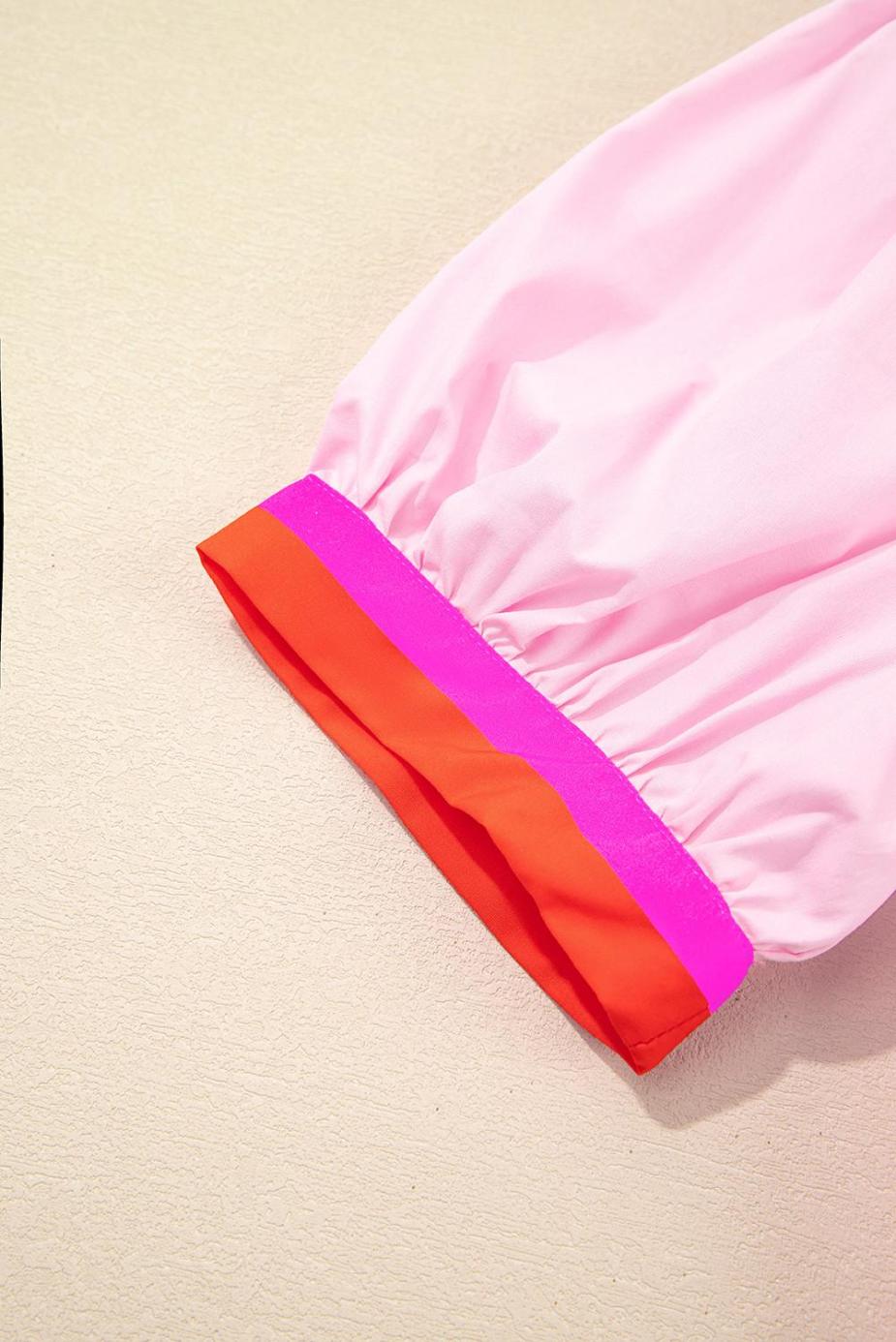 Blouses | Pink Puff Sleeve Pop Of Color Neckline Blouse - Women